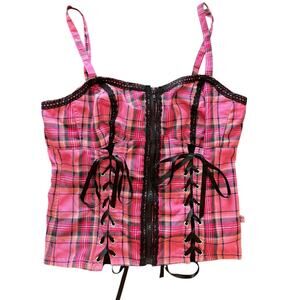 Rare 2002 TRIPP NYC Emo Grunge Style Plaid Pink & Black Corset Size 2